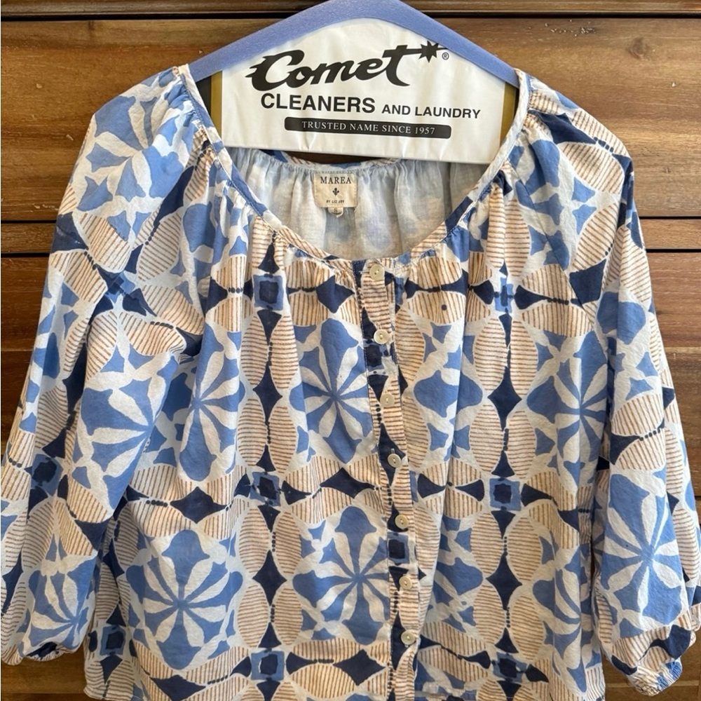 Marea Geometric Blue and Cream Blouse